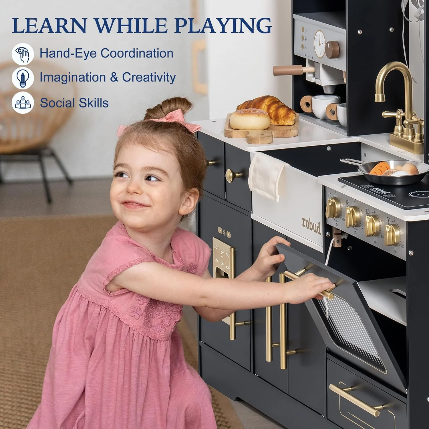 ROBUD Modern Play Kitchen for Kids - Black - Image 4