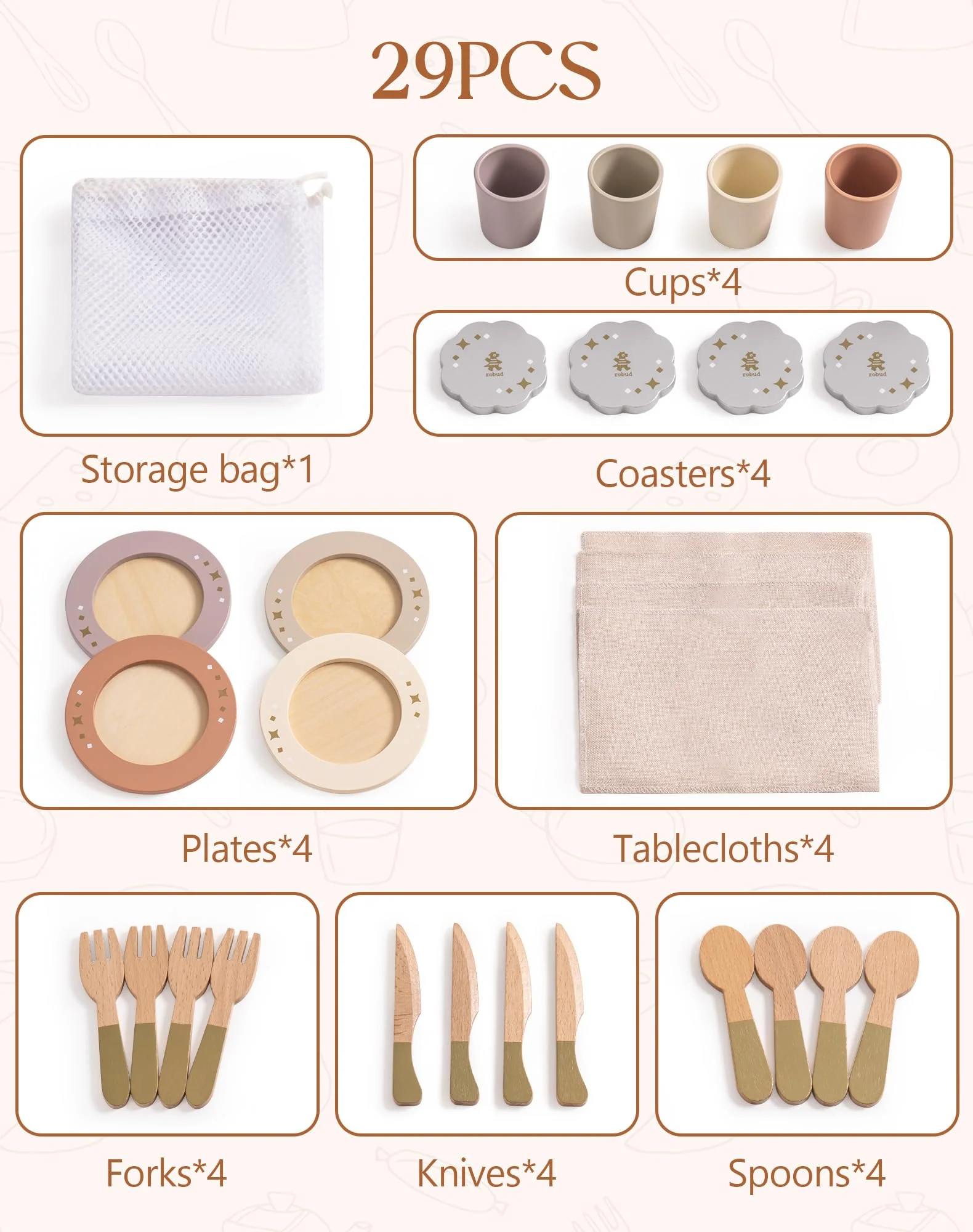 ROBUD 4-Set Wooden Play Dishes Set - Image 8