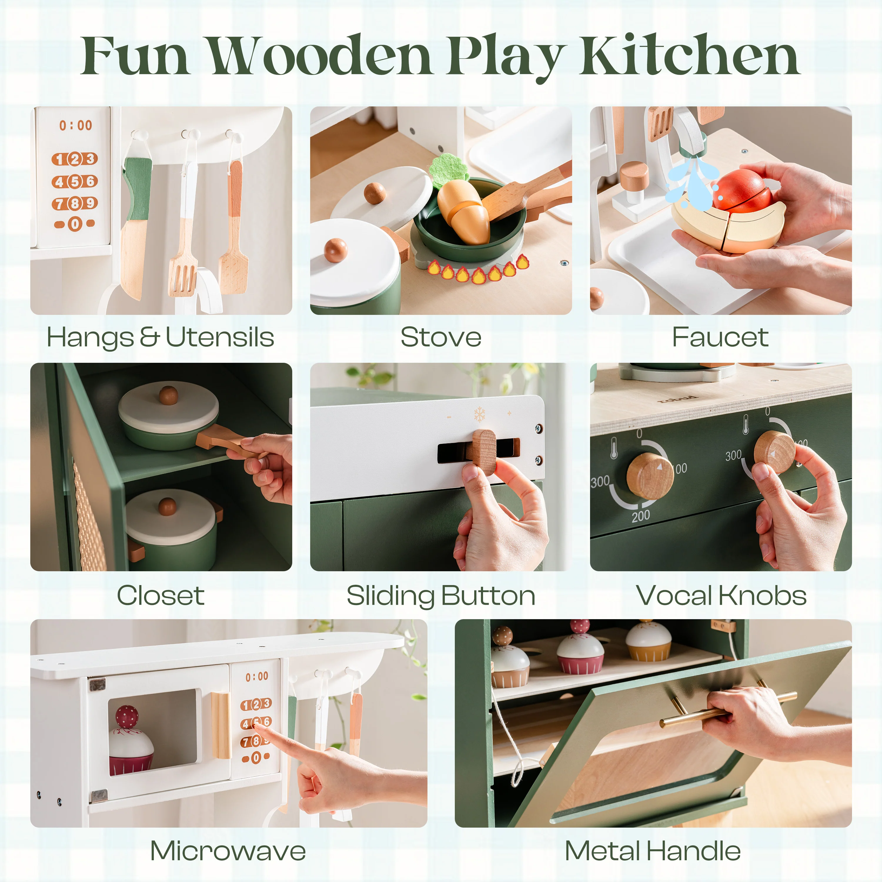 ROBUD Wooden 3 Pieces Kids Kitchen Playset - Vintage Green - Image 13