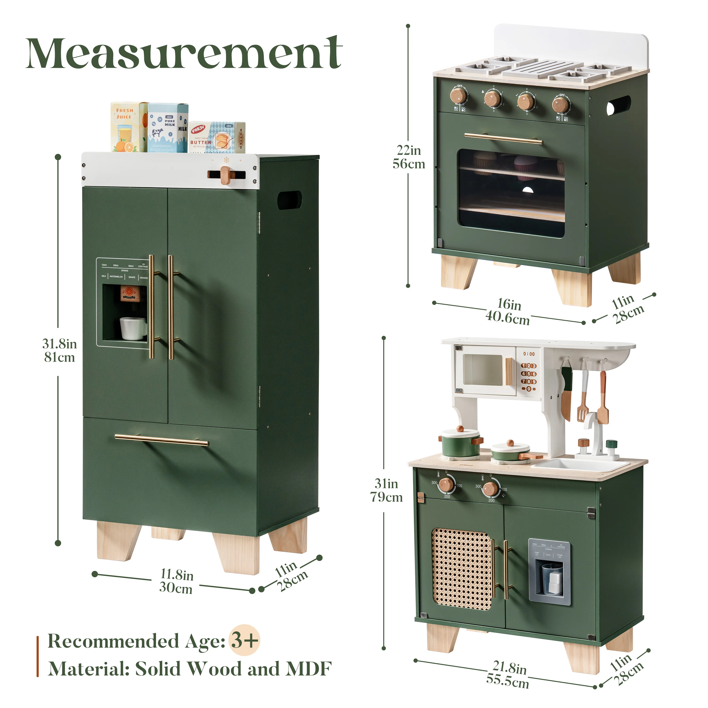 ROBUD Wooden 3 Pieces Kids Kitchen Playset - Vintage Green - Image 15