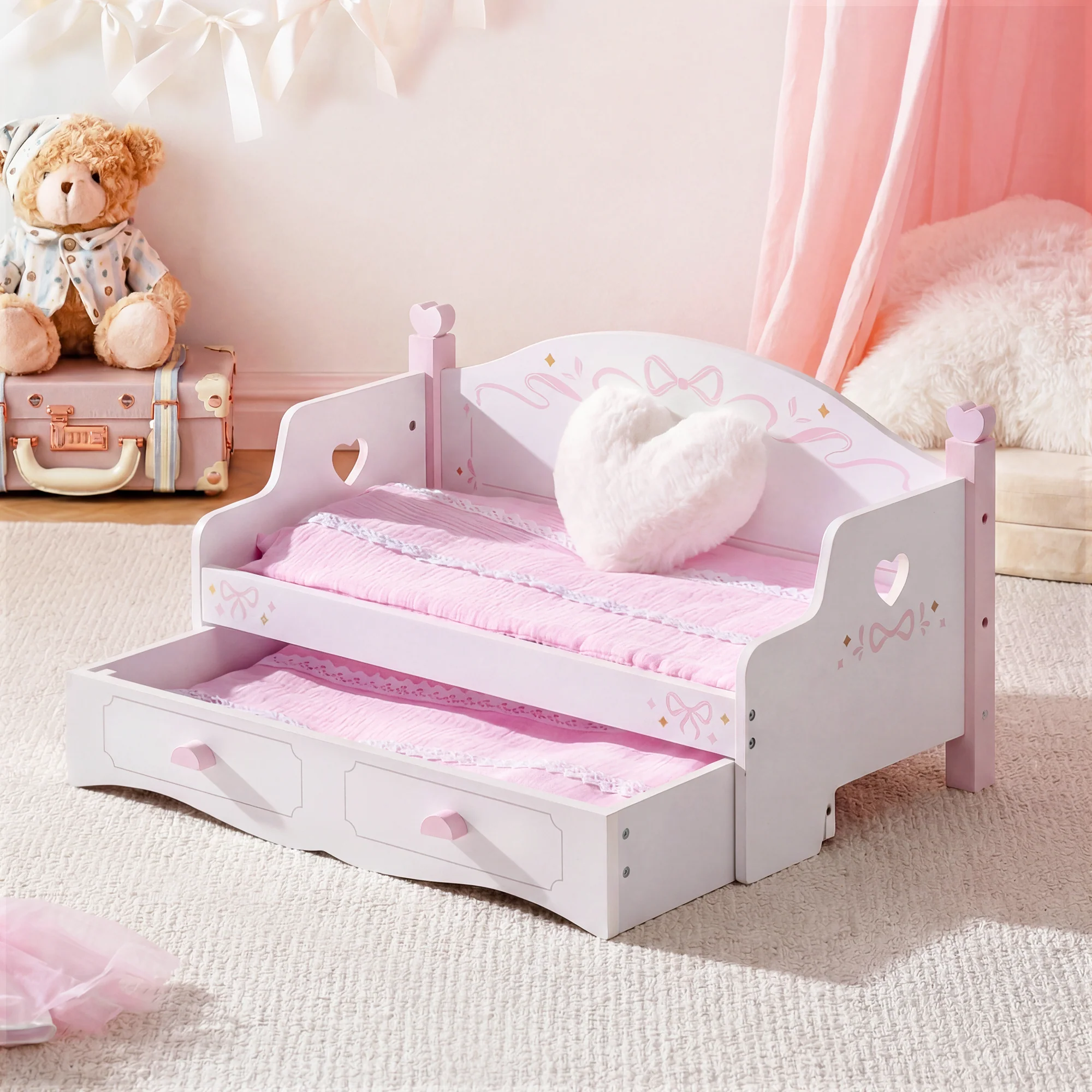 ROBUD Wooden All-in-One Baby Doll Doll Bunk Bed Sofa with Mattress - Image 2