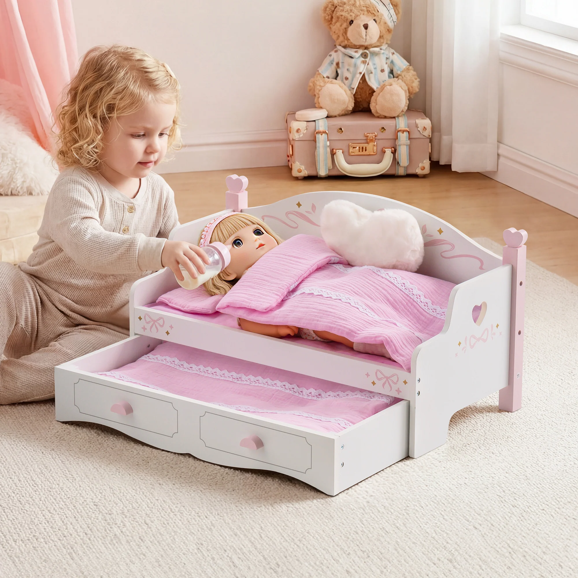 ROBUD Wooden All-in-One Baby Doll Doll Bunk Bed Sofa with Mattress - Image 5