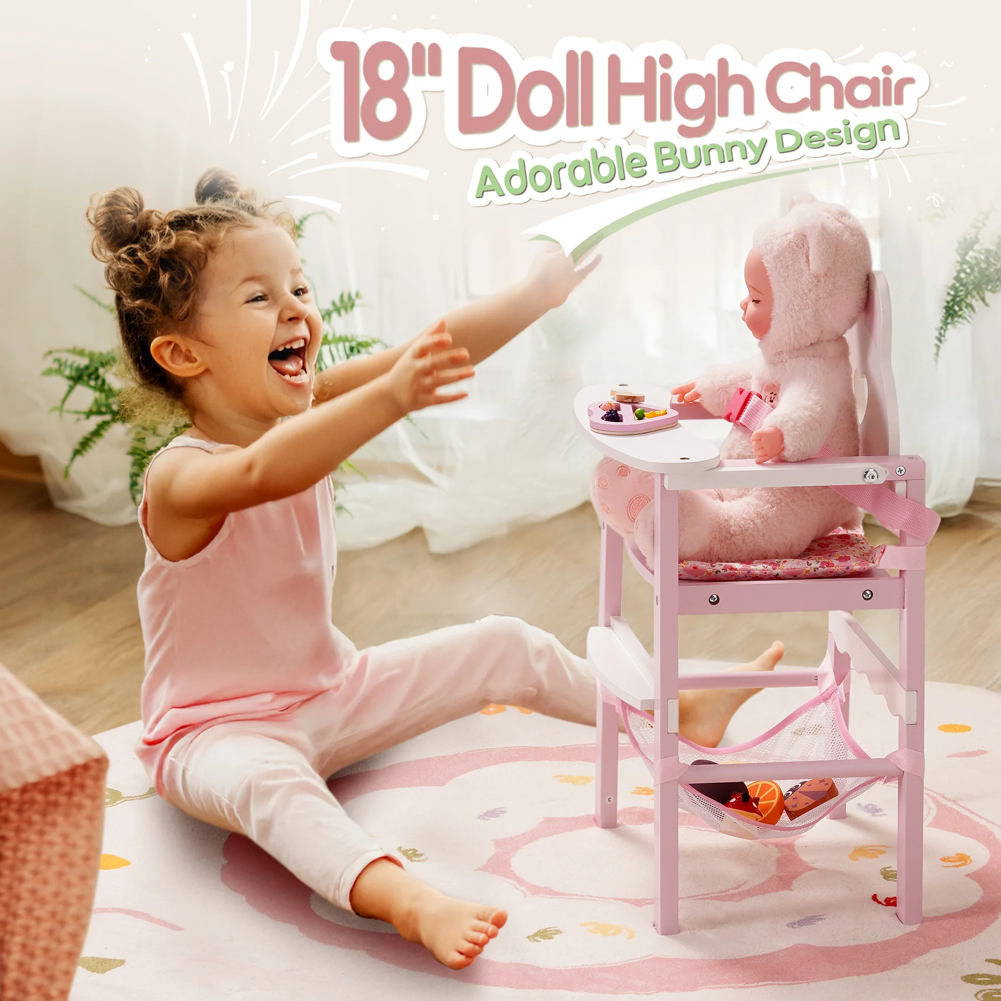 ROBUD Wooden Baby Doll High Chair Pink - Image 3