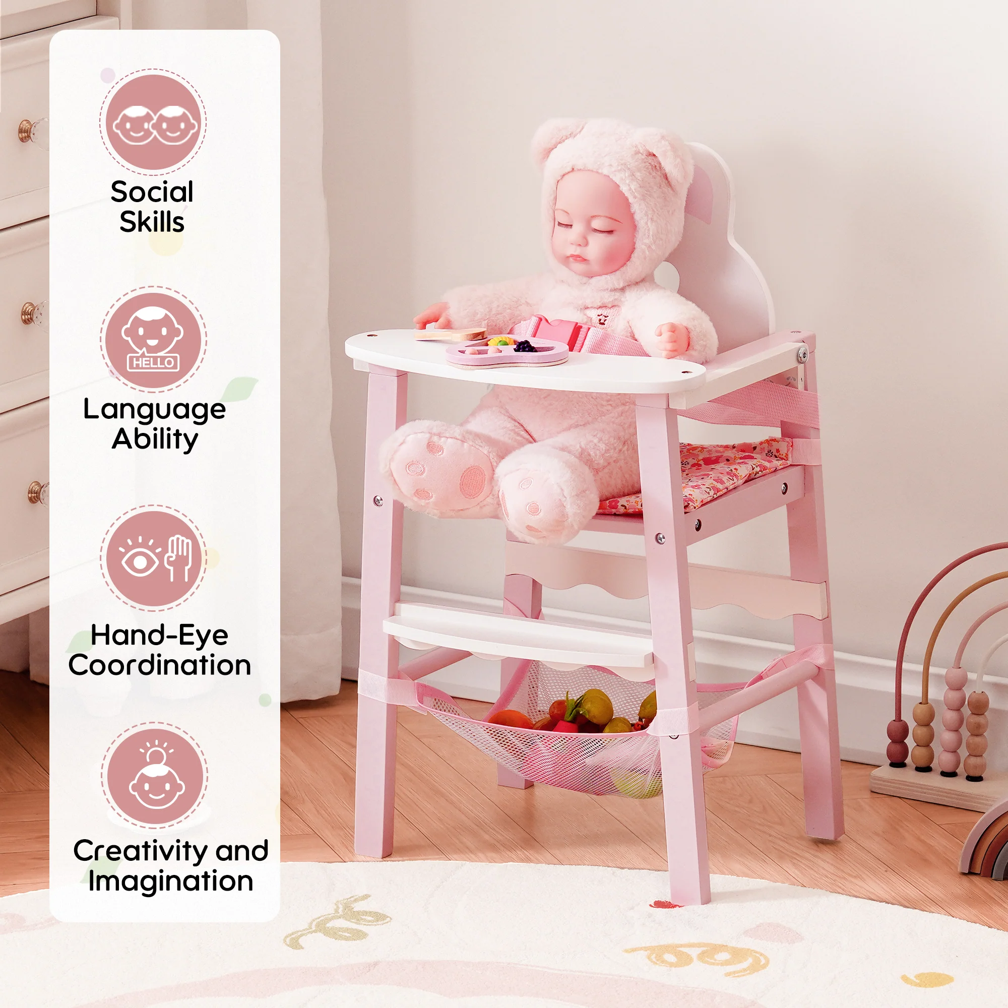 ROBUD Wooden Baby Doll High Chair Pink - Image 8