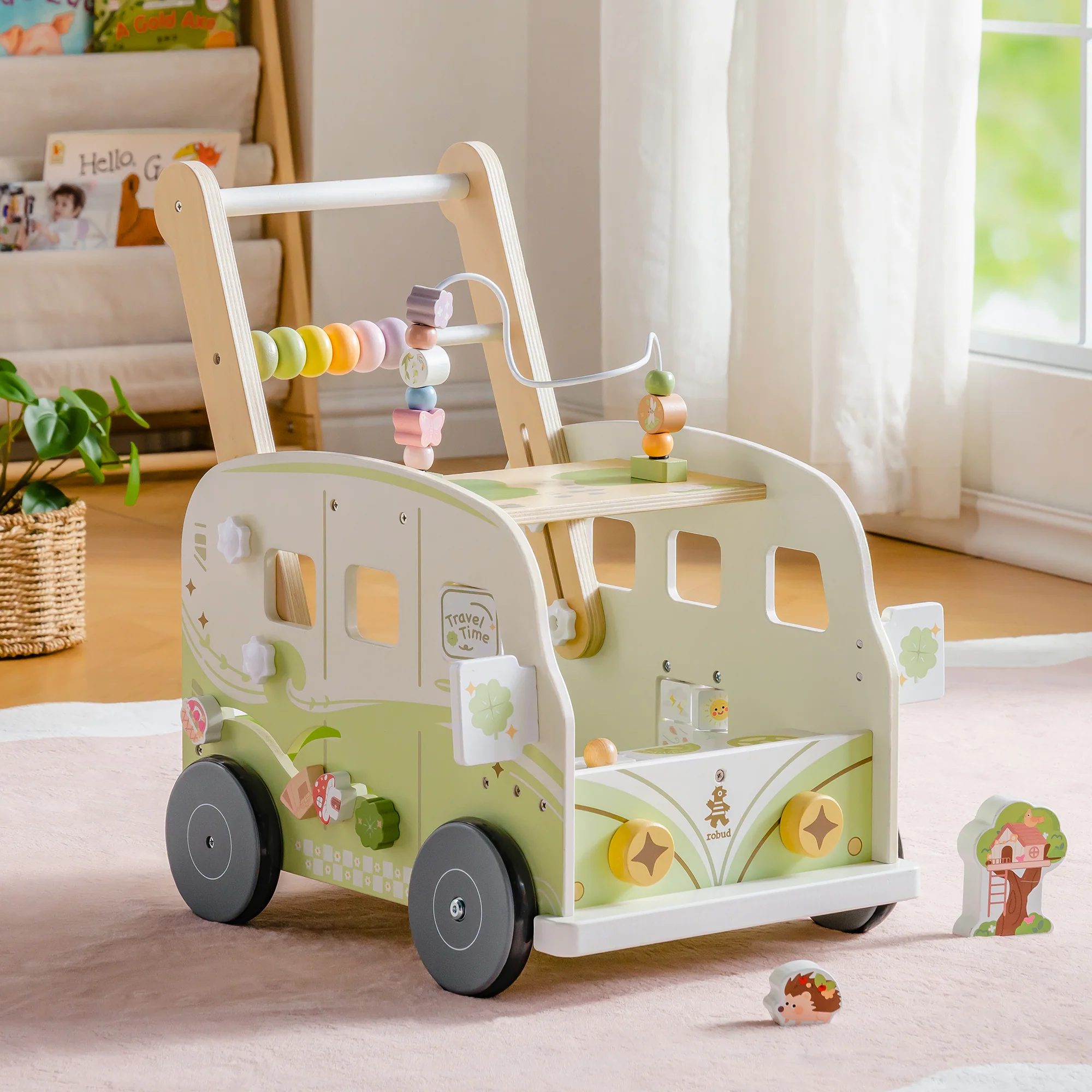 ROBUD Wooden Baby Push Walker - Green Vacation Bus - Image 2
