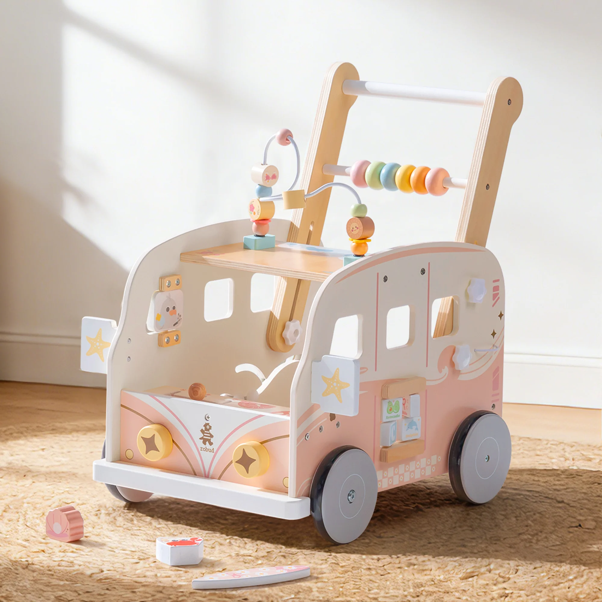 ROBUD Wooden Baby Push Walker - Pink Vacation Bus - Image 3
