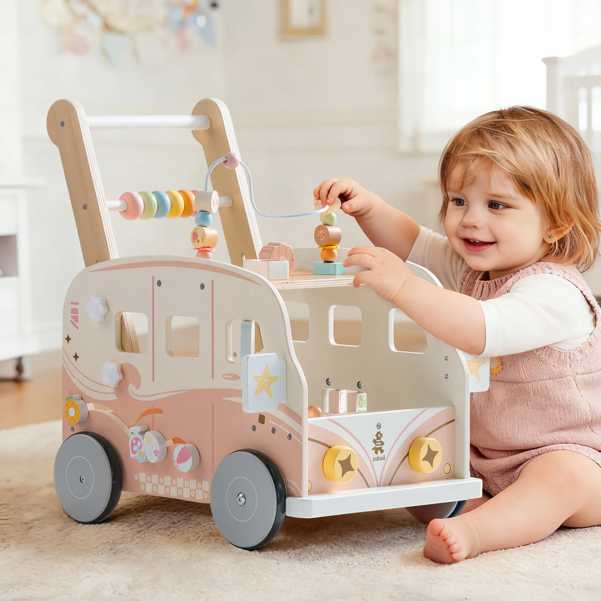 ROBUD Wooden Baby Push Walker - Pink Vacation Bus - Image 5