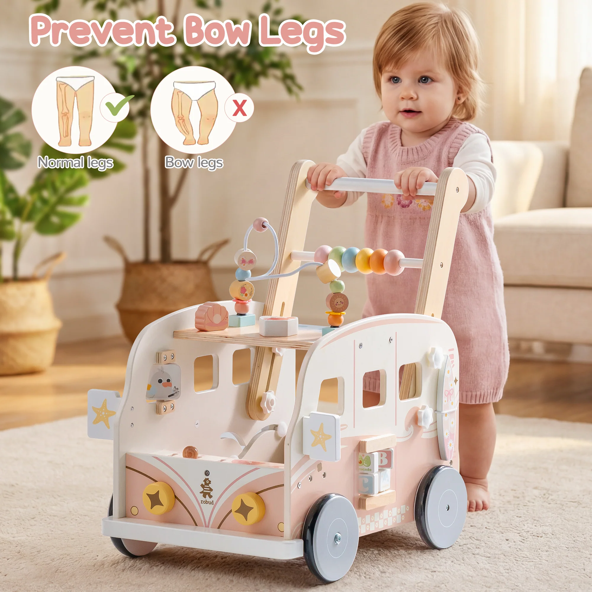 ROBUD Wooden Baby Push Walker - Pink Vacation Bus - Image 6