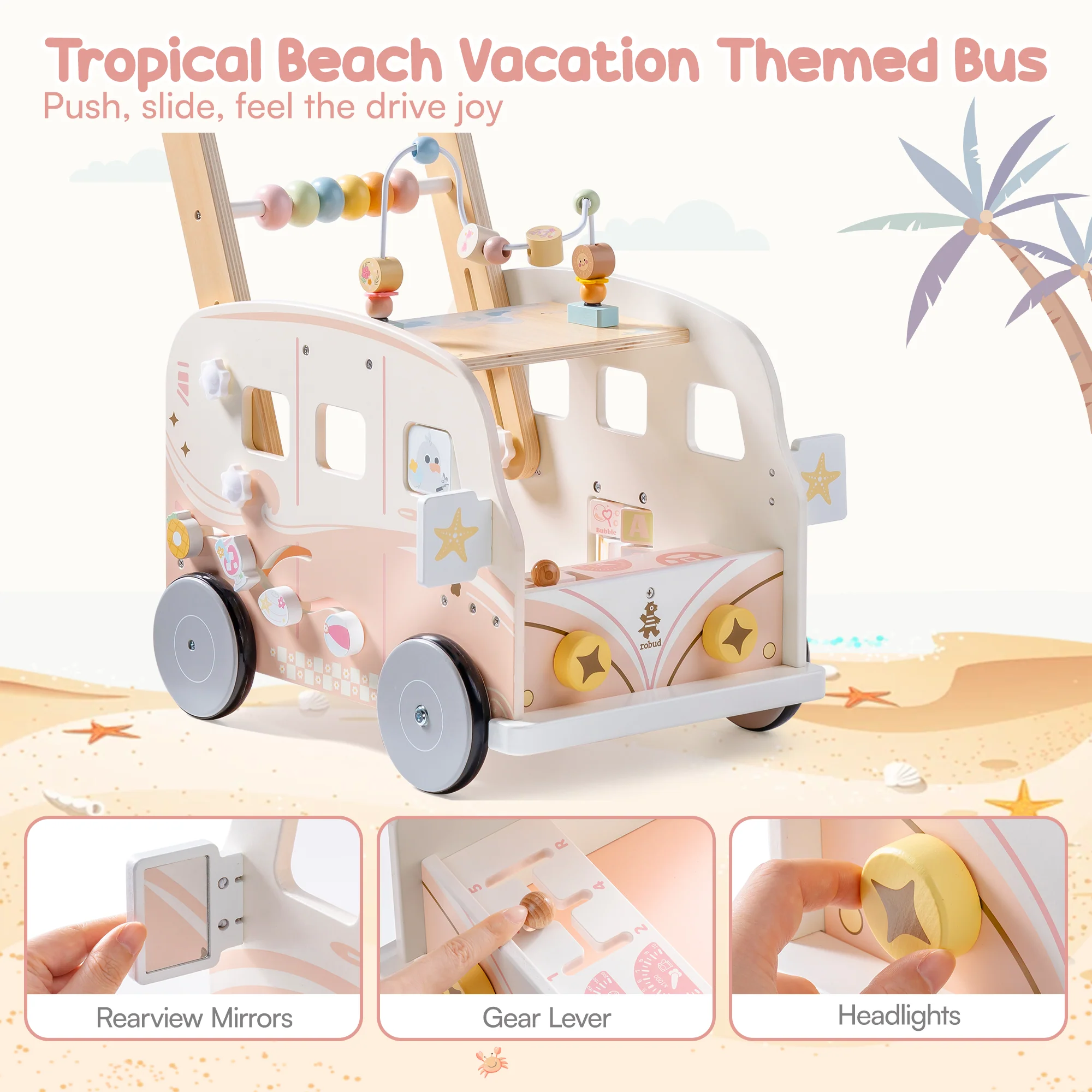 ROBUD Wooden Baby Push Walker - Pink Vacation Bus - Image 7