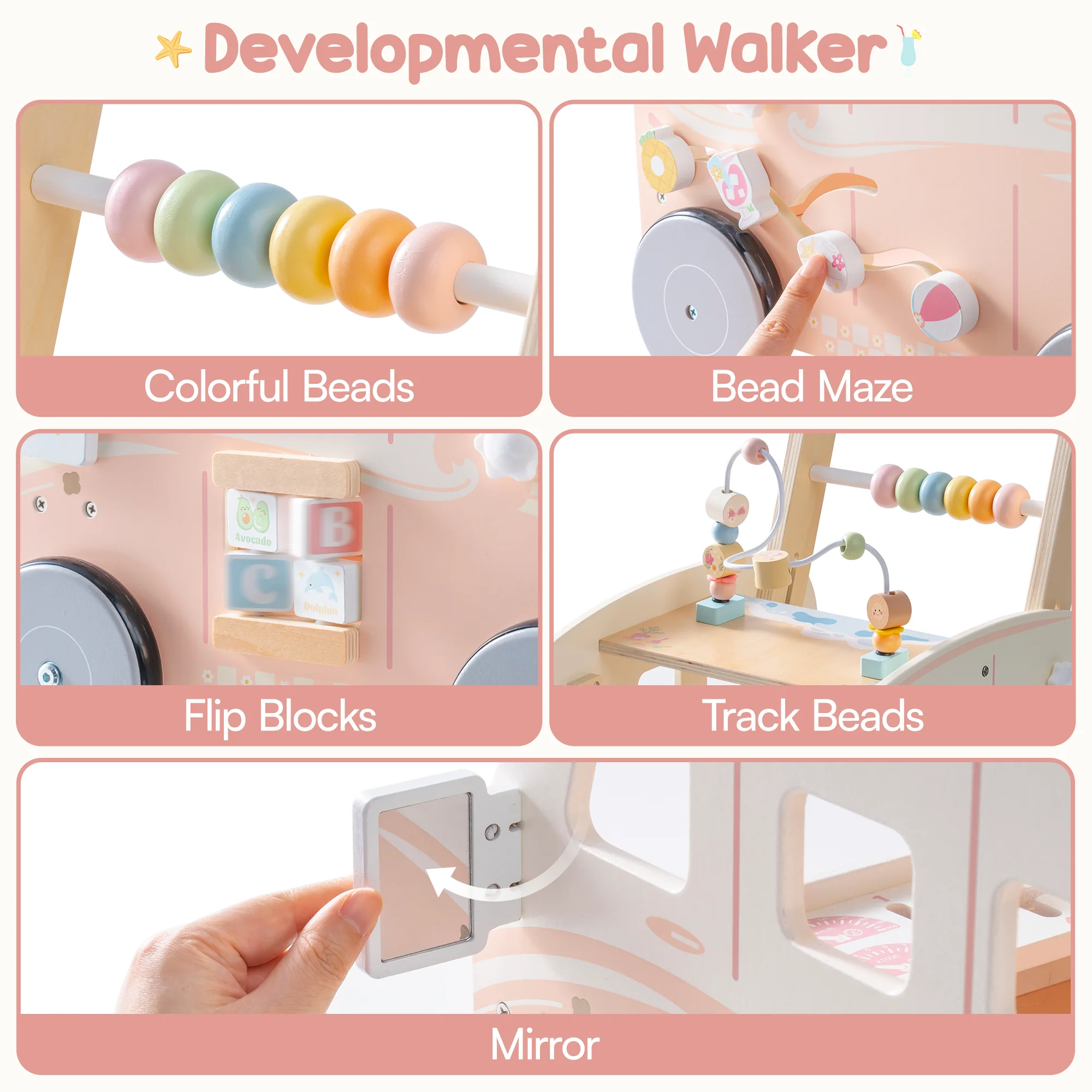 ROBUD Wooden Baby Push Walker - Pink Vacation Bus - Image 8
