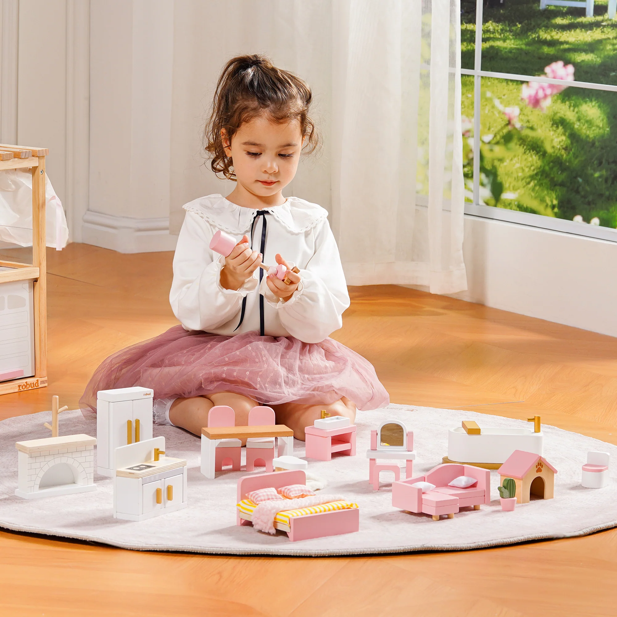 ROBUD Wooden Dollhouse Furniture Set - Pink - Image 2