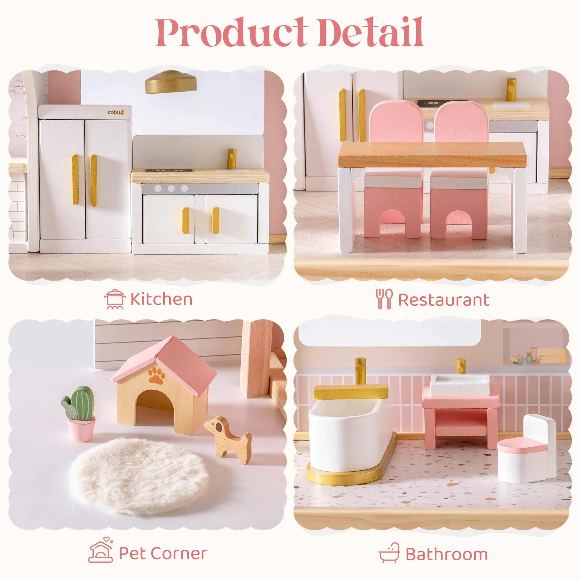 ROBUD Wooden Dollhouse Furniture Set - Pink - Image 5