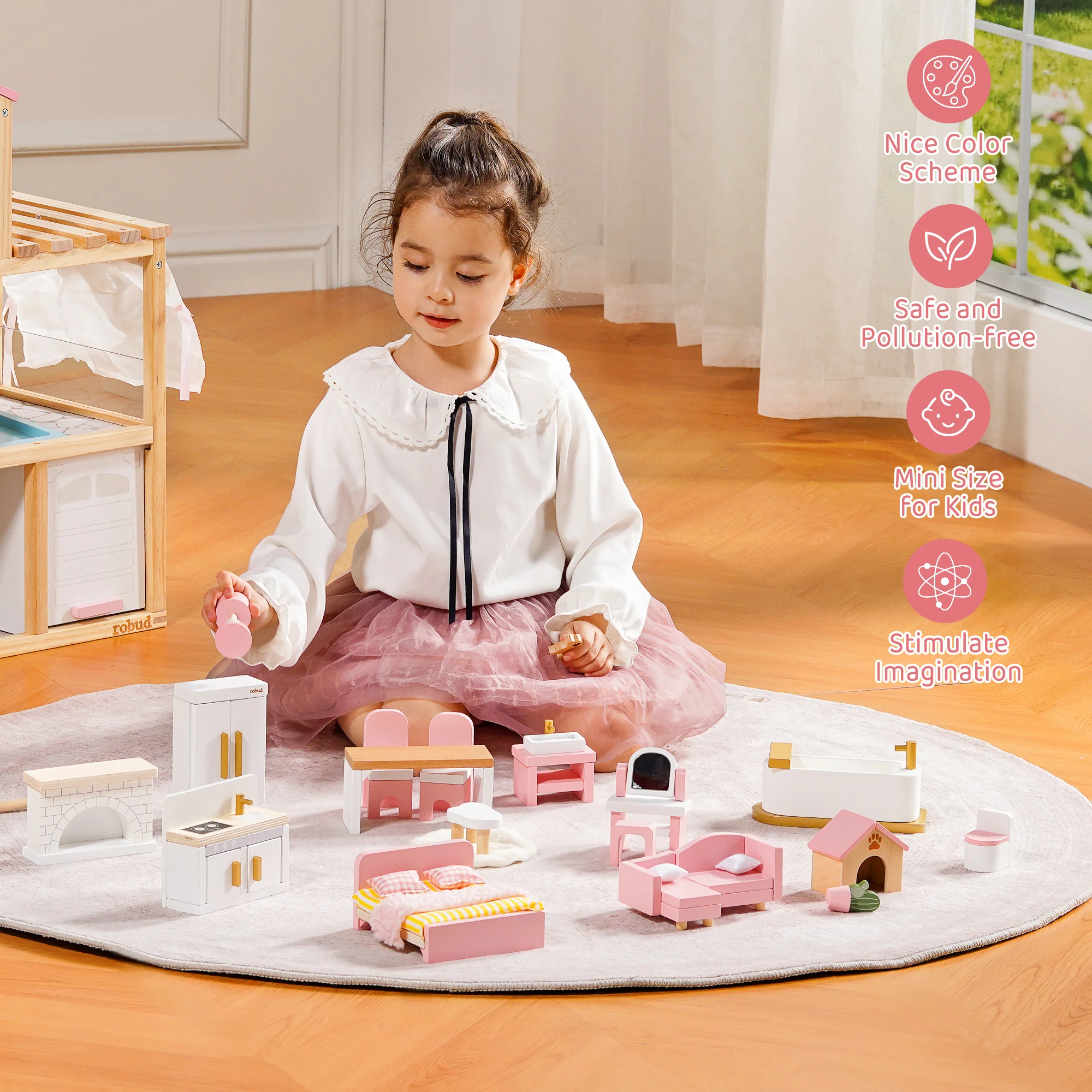 ROBUD Wooden Dollhouse Furniture Set - Pink - Image 6