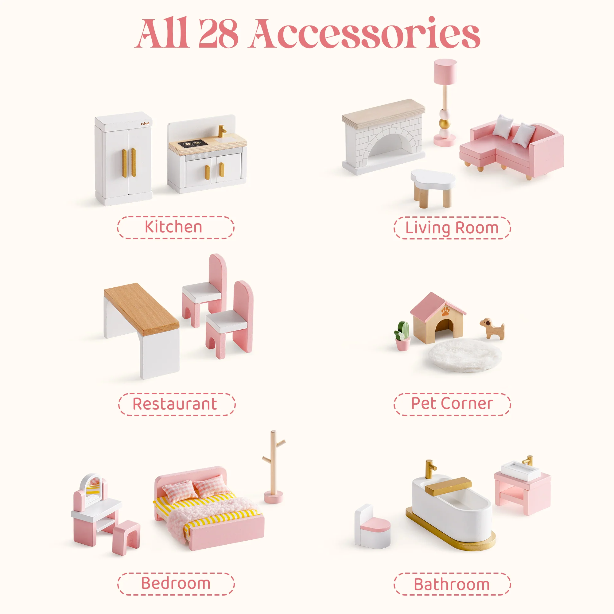 ROBUD Wooden Dollhouse Furniture Set - Pink - Image 8