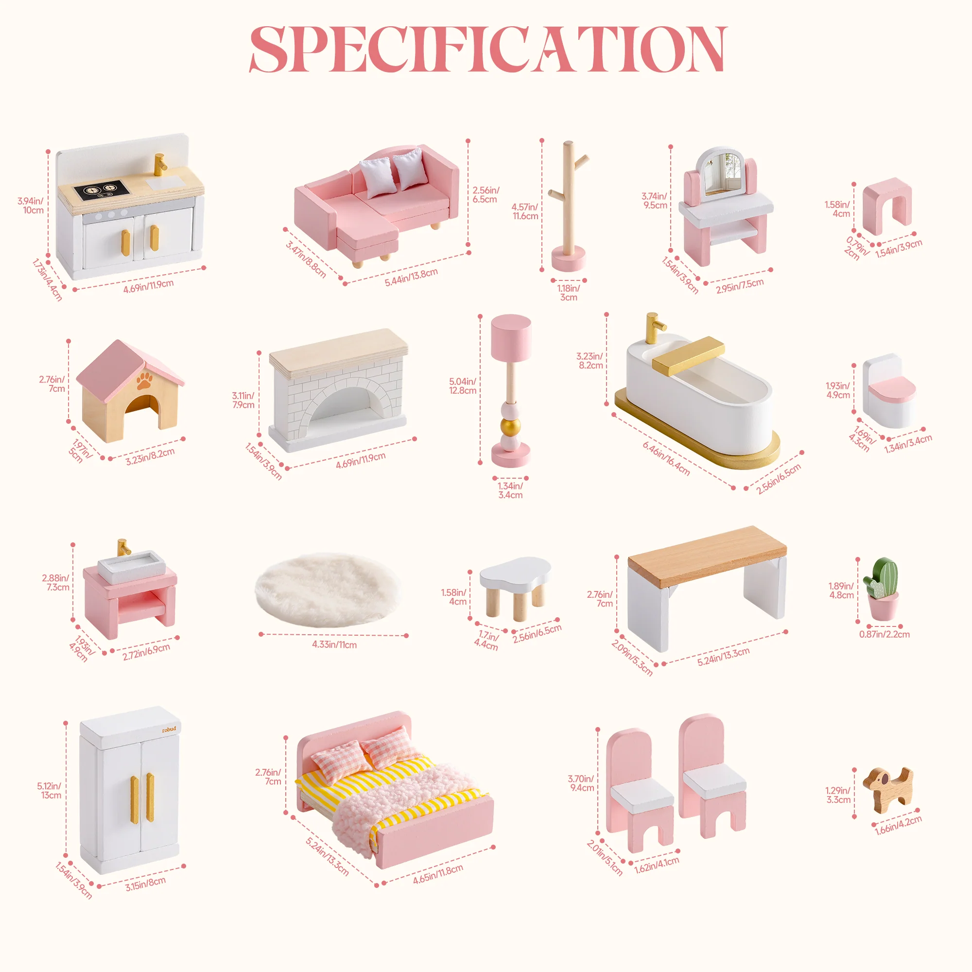 ROBUD Wooden Dollhouse Furniture Set - Pink - Image 9