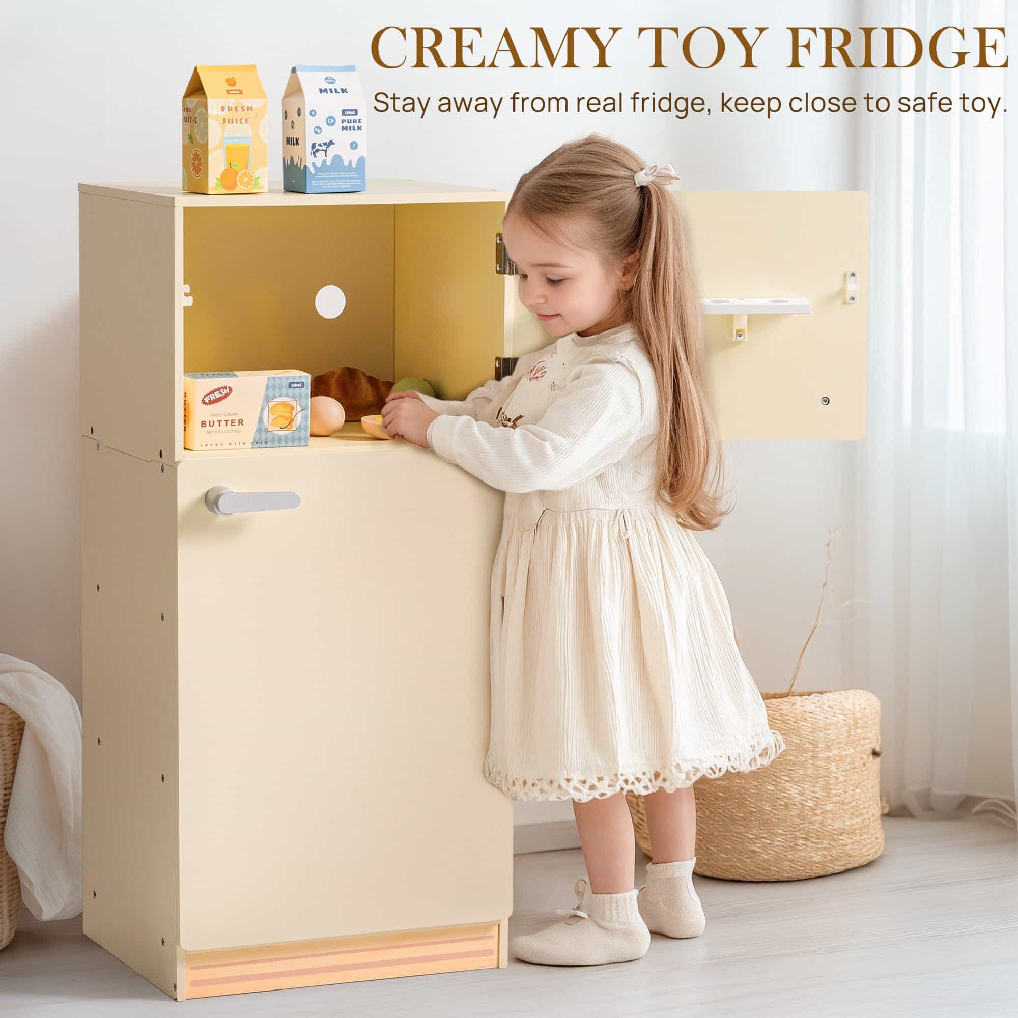 ROBUD Wooden Kids Play Kitchen Fridge Creamy - Image 4