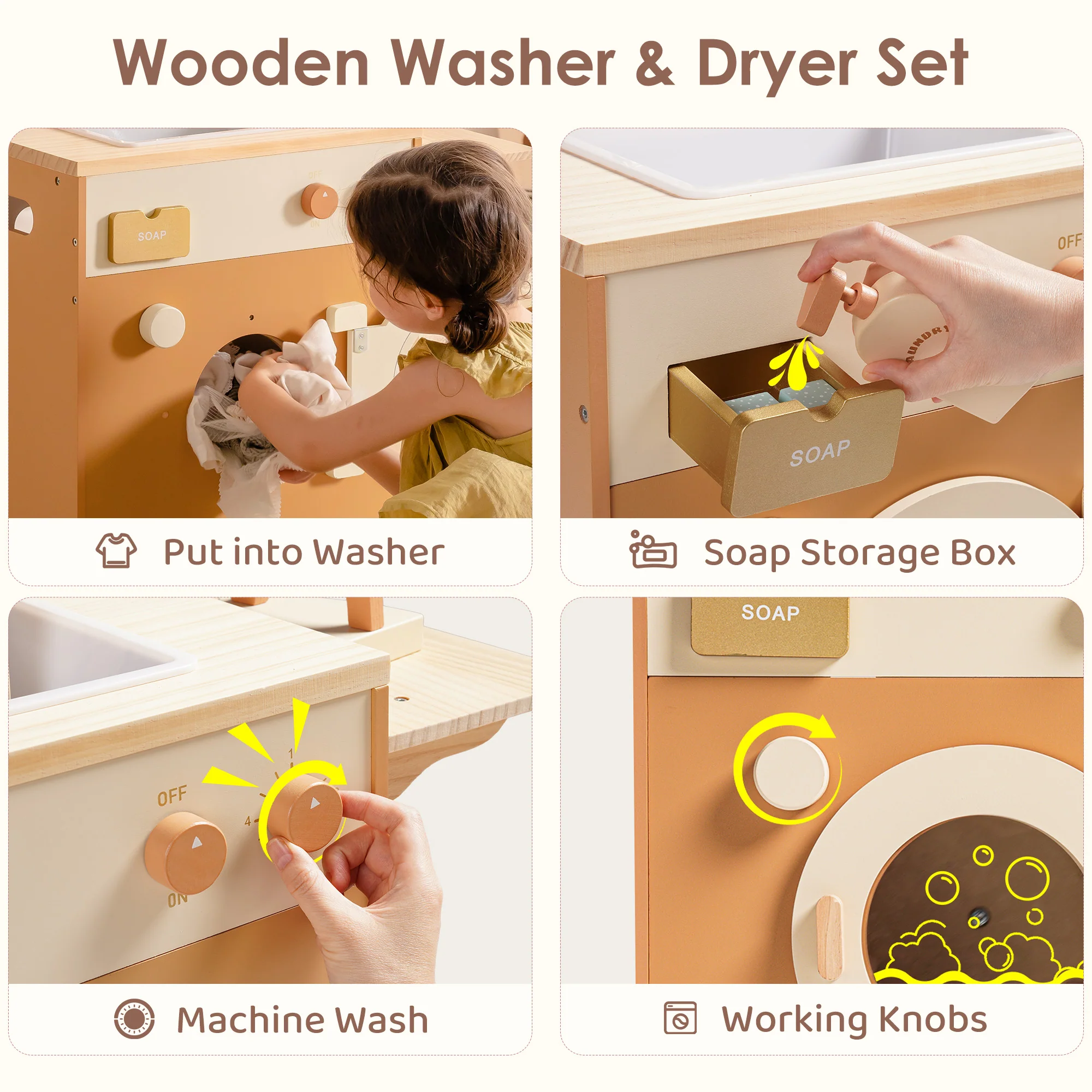 ROBUD Wooden Laundry Playset - Caramel - Image 5