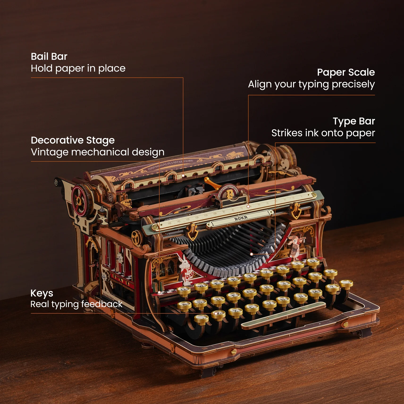 ROKR Mechanical Typewriter Wooden 3D Puzzle LK703C (Magic Version) - Image 4