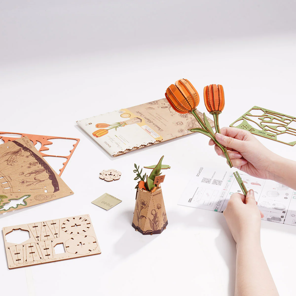Rowood Orange Tulip DIY Wooden Flower 3D Puzzle TW081 - Image 4