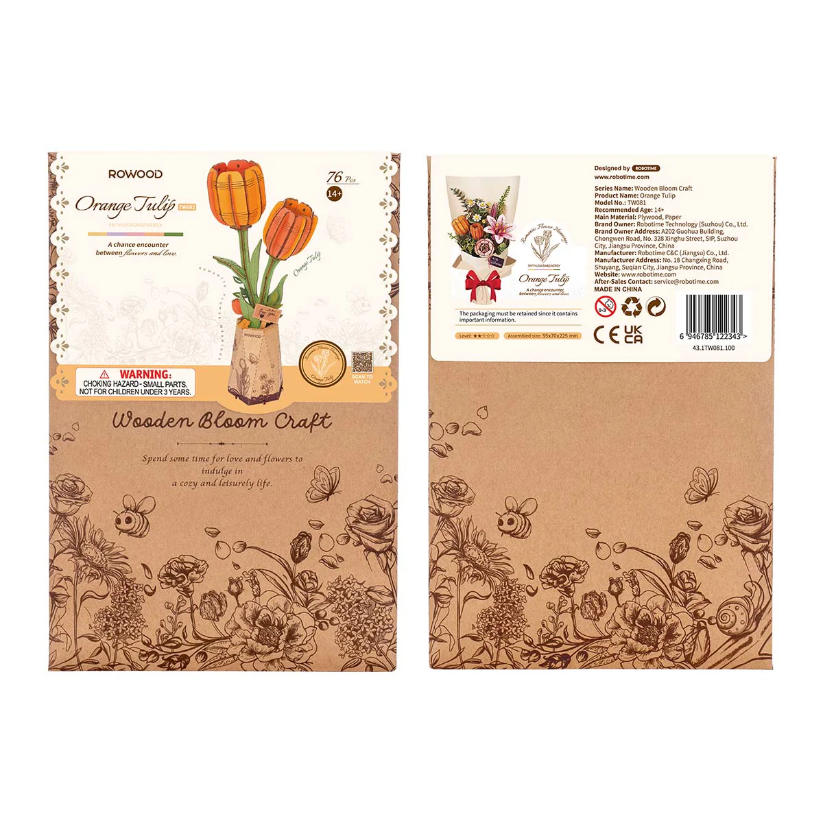 Rowood Orange Tulip DIY Wooden Flower 3D Puzzle TW081 - Image 6