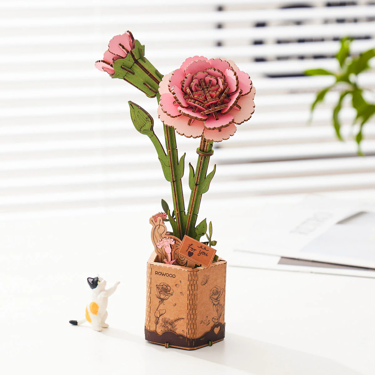 Rowood Pink Carnation DIY Wooden Flower 3D Puzzle TW051 - Image 3
