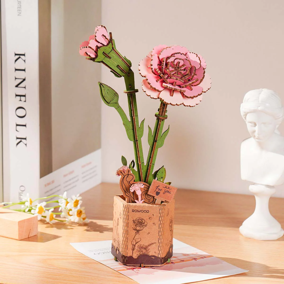 Rowood Pink Carnation DIY Wooden Flower 3D Puzzle TW051 - Image 4