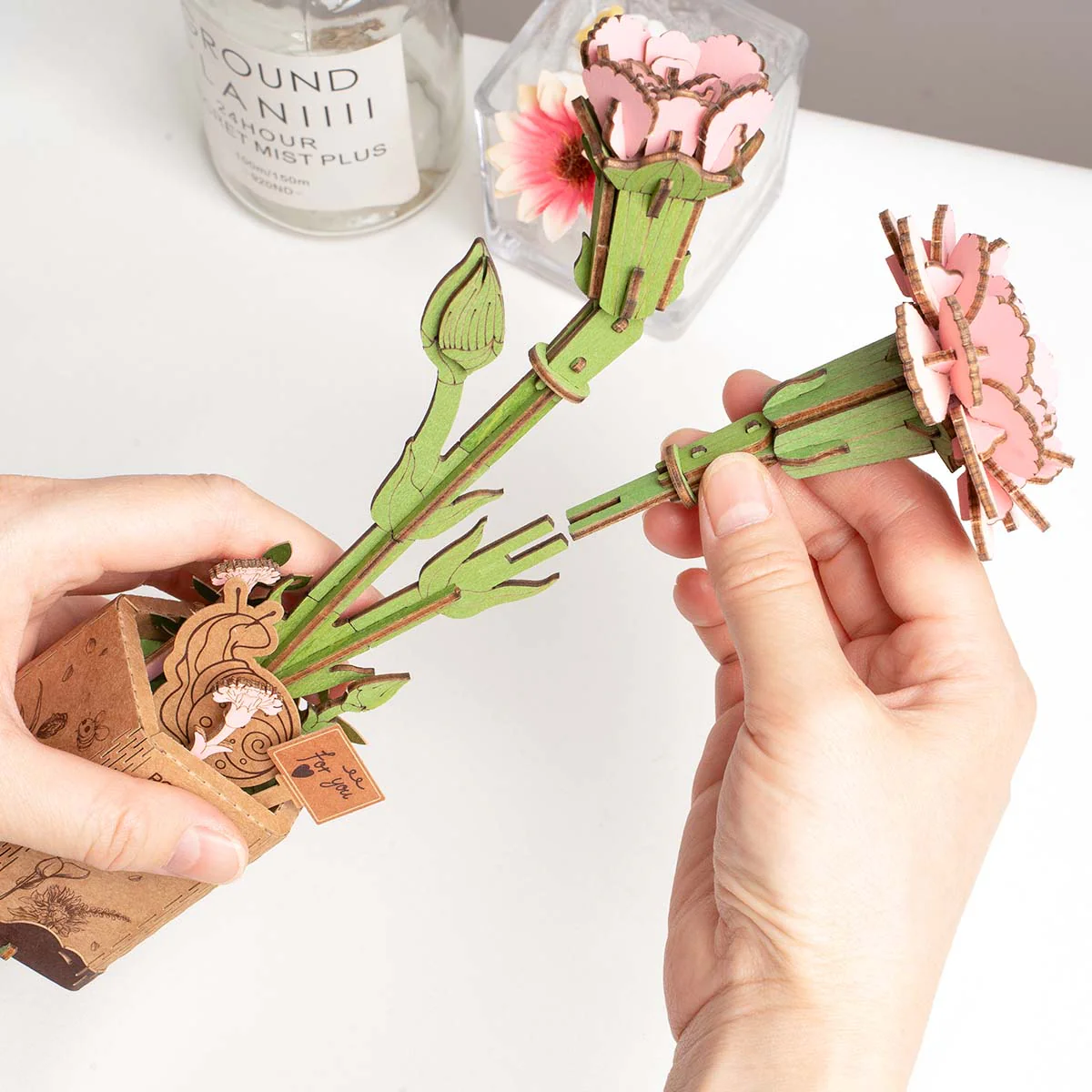 Rowood Pink Carnation DIY Wooden Flower 3D Puzzle TW051 - Image 5