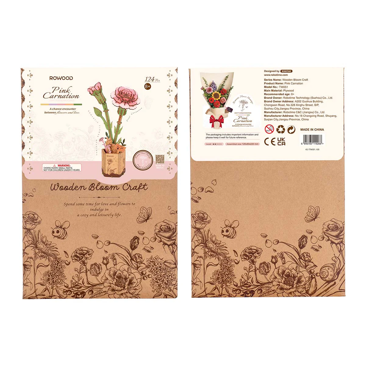 Rowood Pink Carnation DIY Wooden Flower 3D Puzzle TW051 - Image 7
