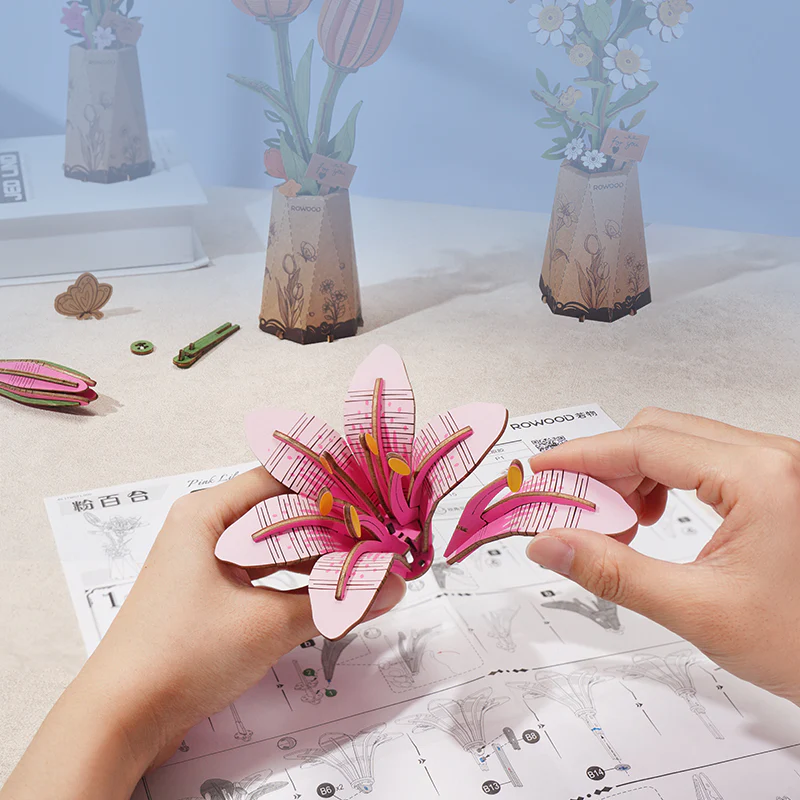 Rowood Pink Lily DIY Flower 3D Wooden Puzzle TW071 - Image 3