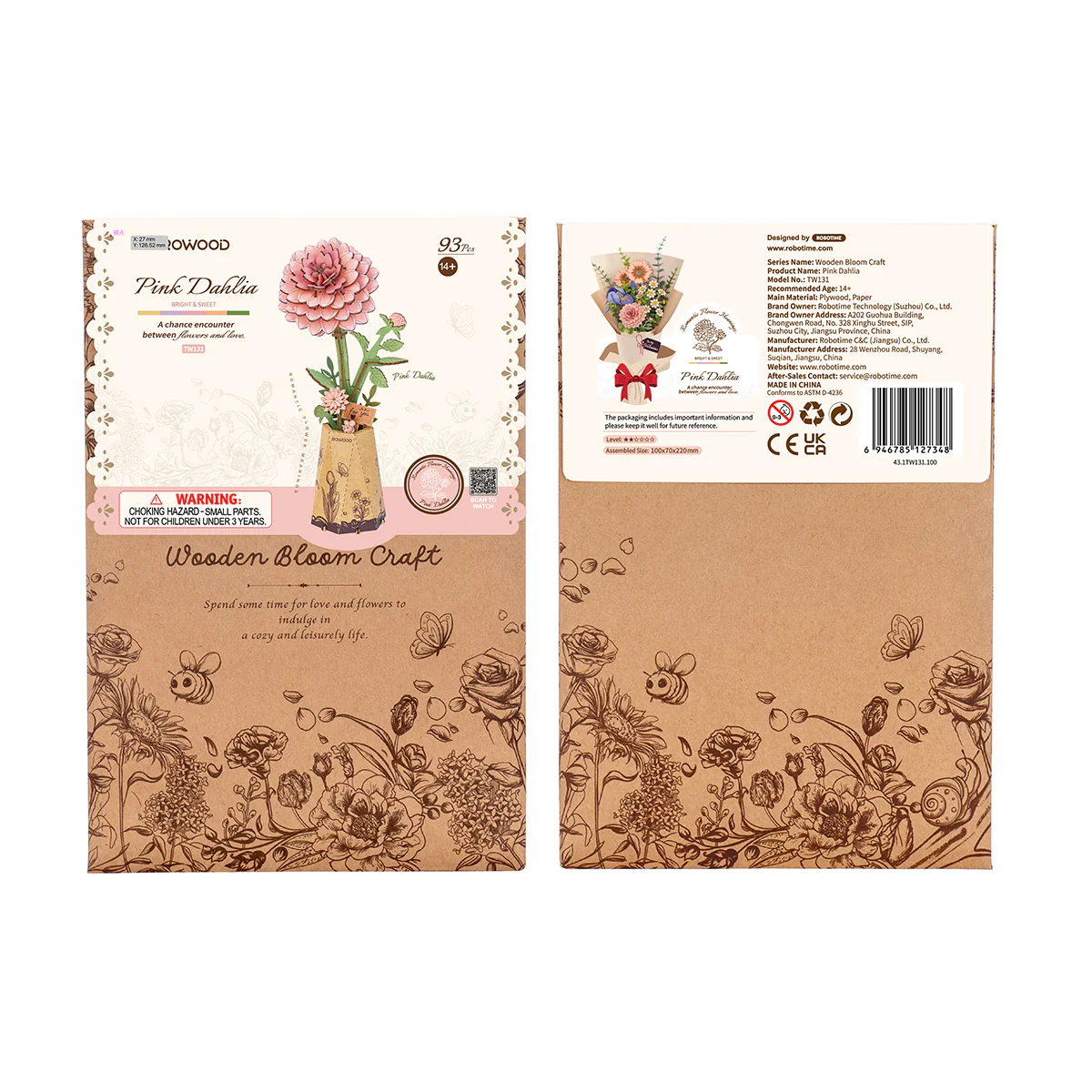 Rowood Pink Dahlia DIY Wooden Flower 3D Puzzle TW131 - Image 5